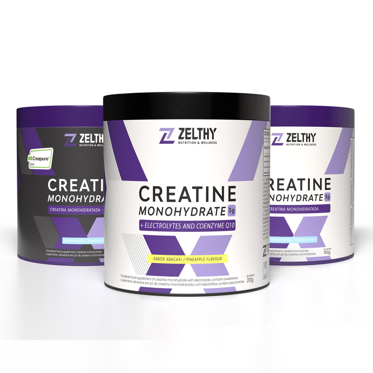 The three Zelthy creatine tubs — Creapure, plain monohydrate, and creatine with electrolytes and CoQ10