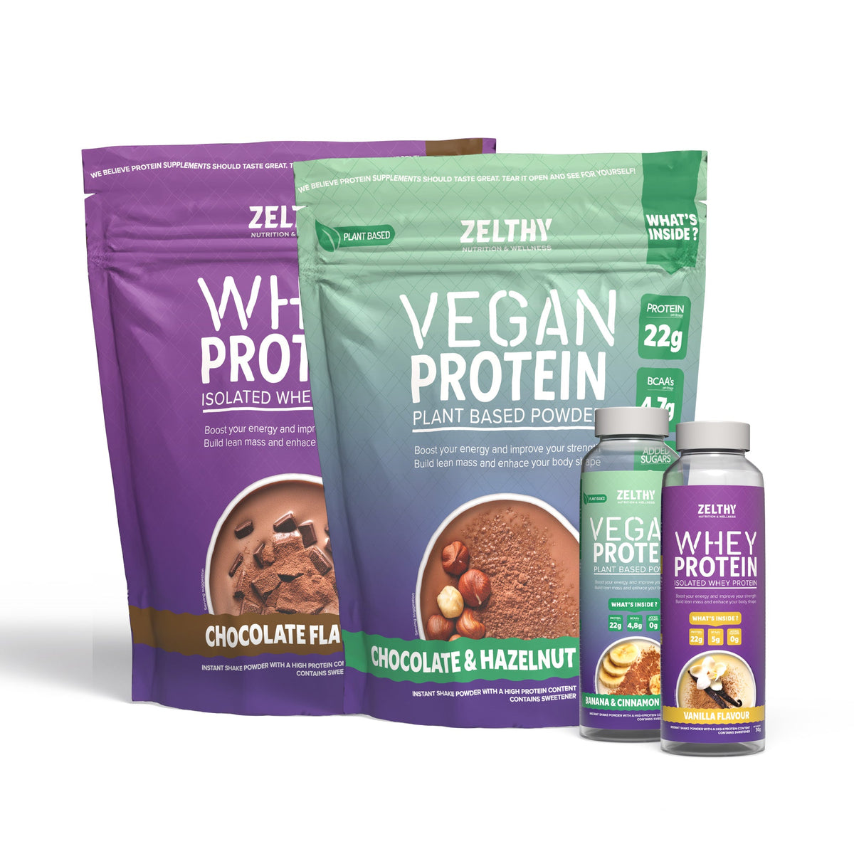 Zelthy Whey Protein Isolate and Vegan Protein pouches with their single-serve bottles