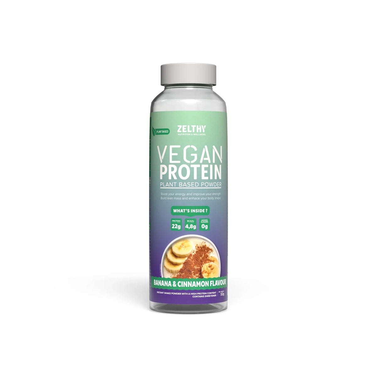 Zelthy Vegan Protein single-serve bottle, banana & cinnamon
