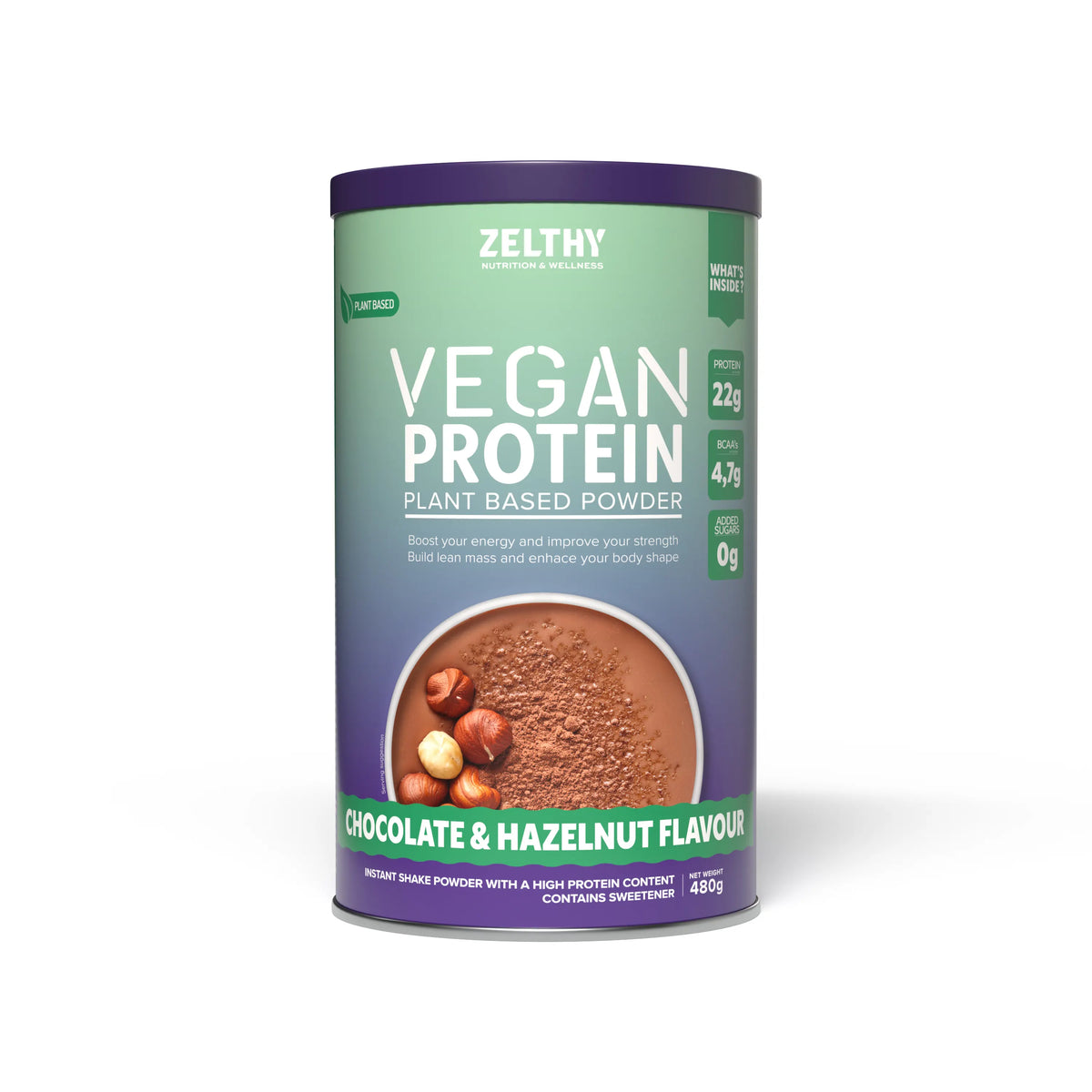 Zelthy Vegan Protein 480 g tub, chocolate & hazelnut