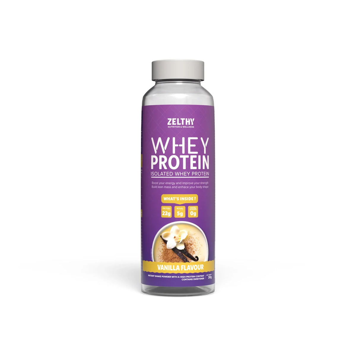 Zelthy Whey Protein Isolate single-serve bottle, vanilla