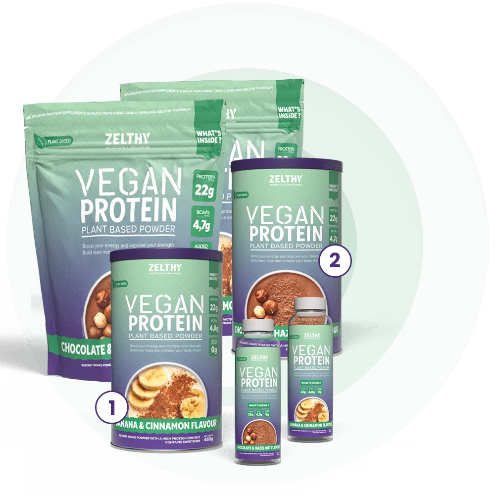Zelthy Vegan Protein range: single-serve bottle, 480 g tub and 960 g pouch