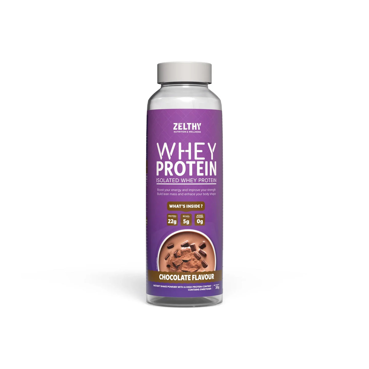 Zelthy Whey Protein Isolate single-serve bottle, chocolate