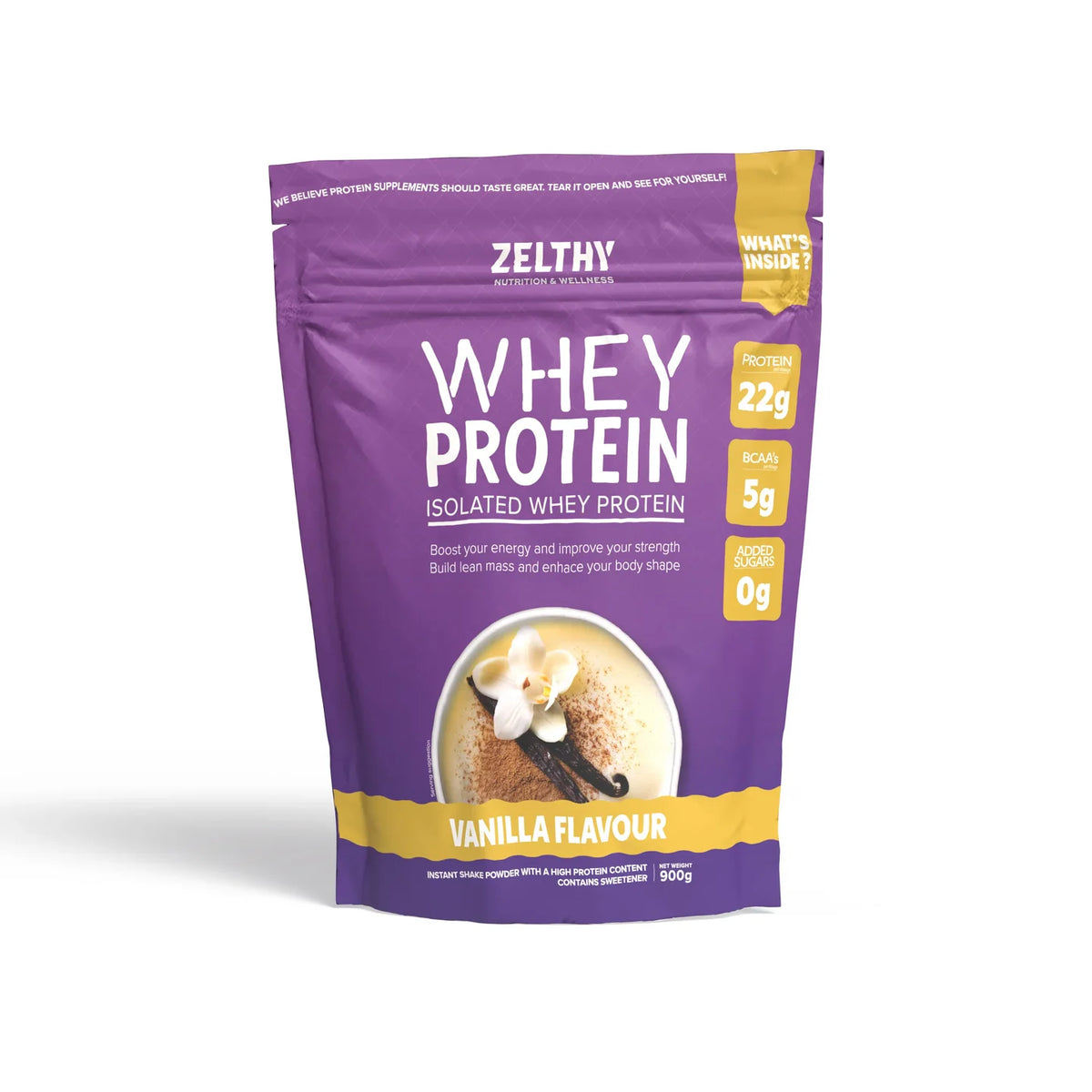 Zelthy Whey Protein Isolate 900 g pouch, vanilla