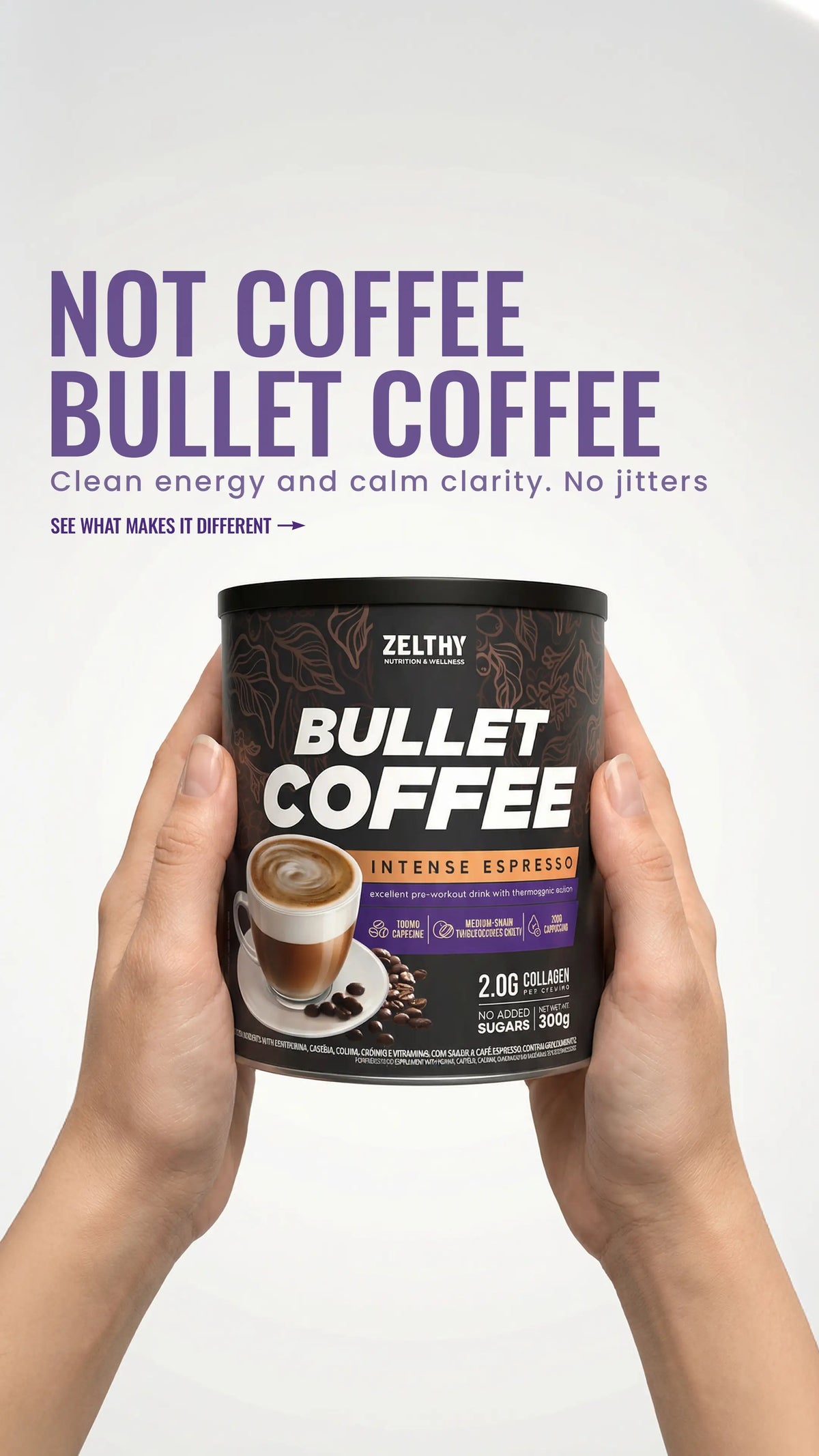 يدان تمسكان علبة Bullet Coffee من Zelthy