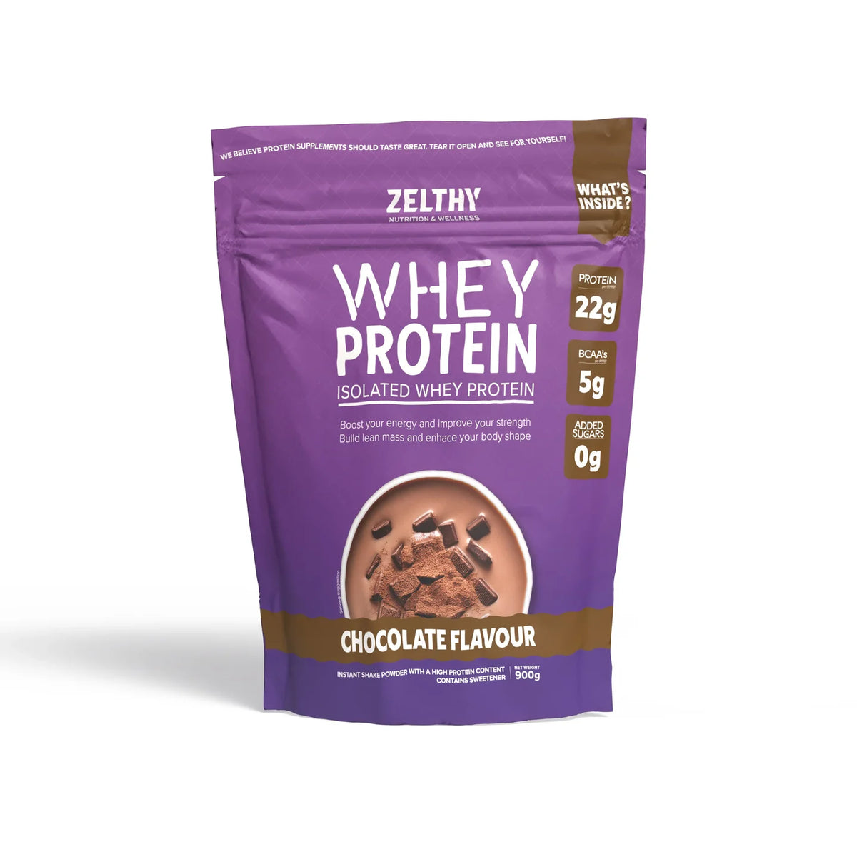 Zelthy Whey Protein Isolate 900 g pouch, chocolate