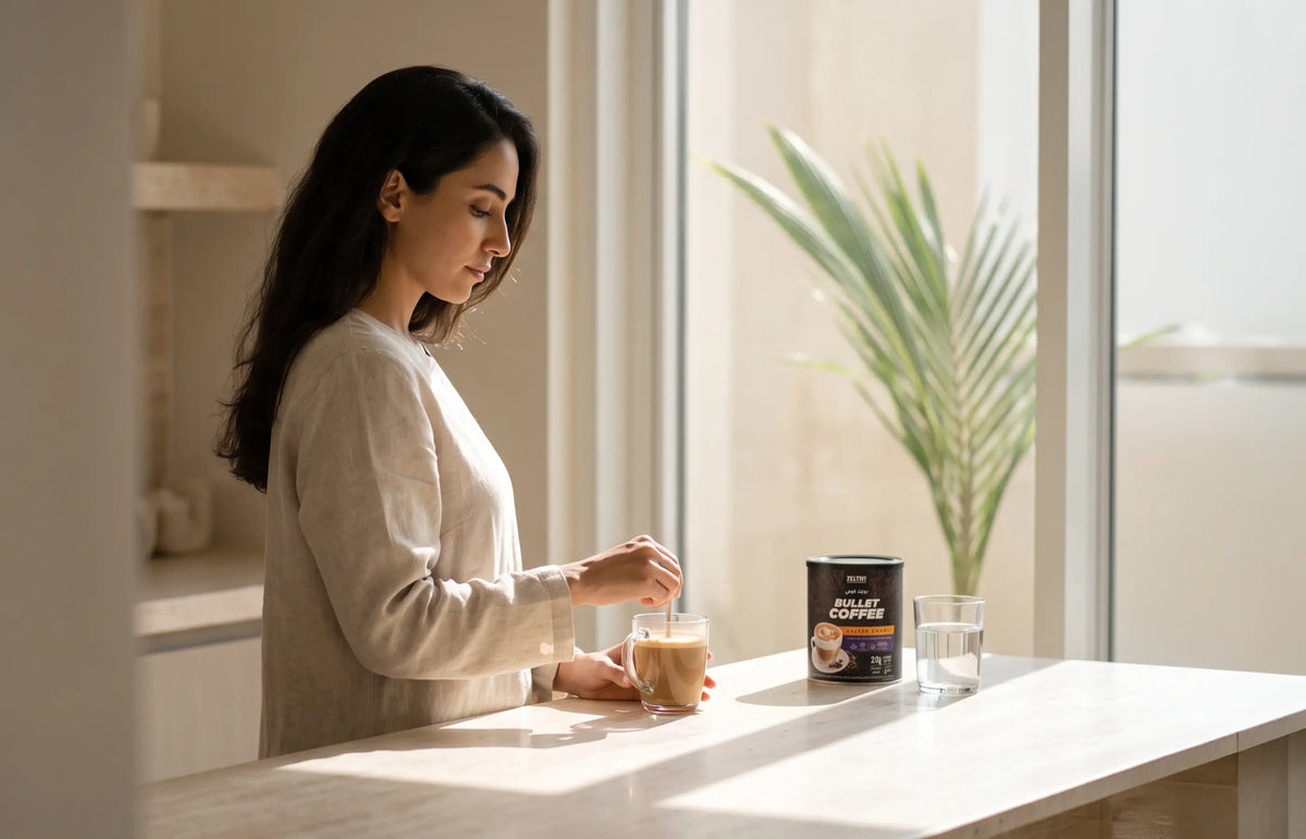 A woman stirring a cup of Zelthy Bullet Coffee at a sunlit kitchen counter, with the Bullet Coffee tin and a glass of water beside her