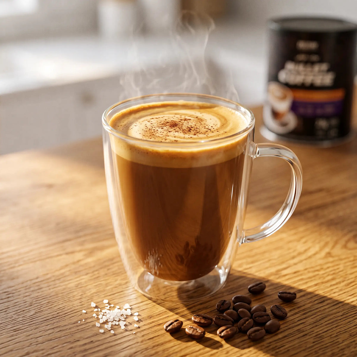 A glass mug of creamy Zelthy Bullet Coffee with coffee beans and sea salt on a wooden table in morning light