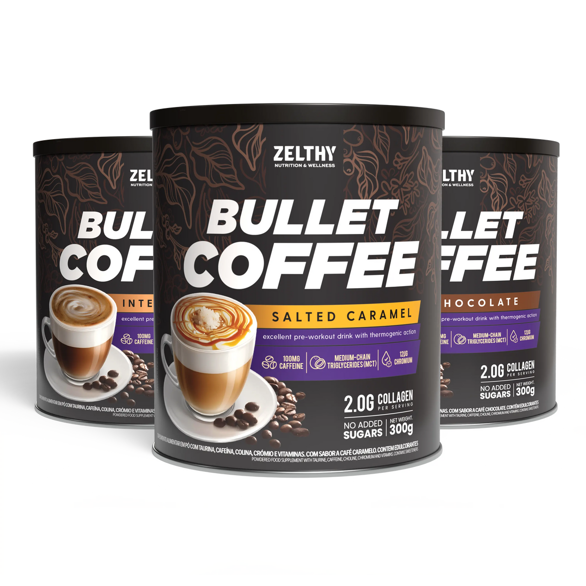 علب Bullet Coffee من Zelthy بوزن 300 غ بنكهات الكراميل المملح والشوكولاتة والإسبريسو المركّز