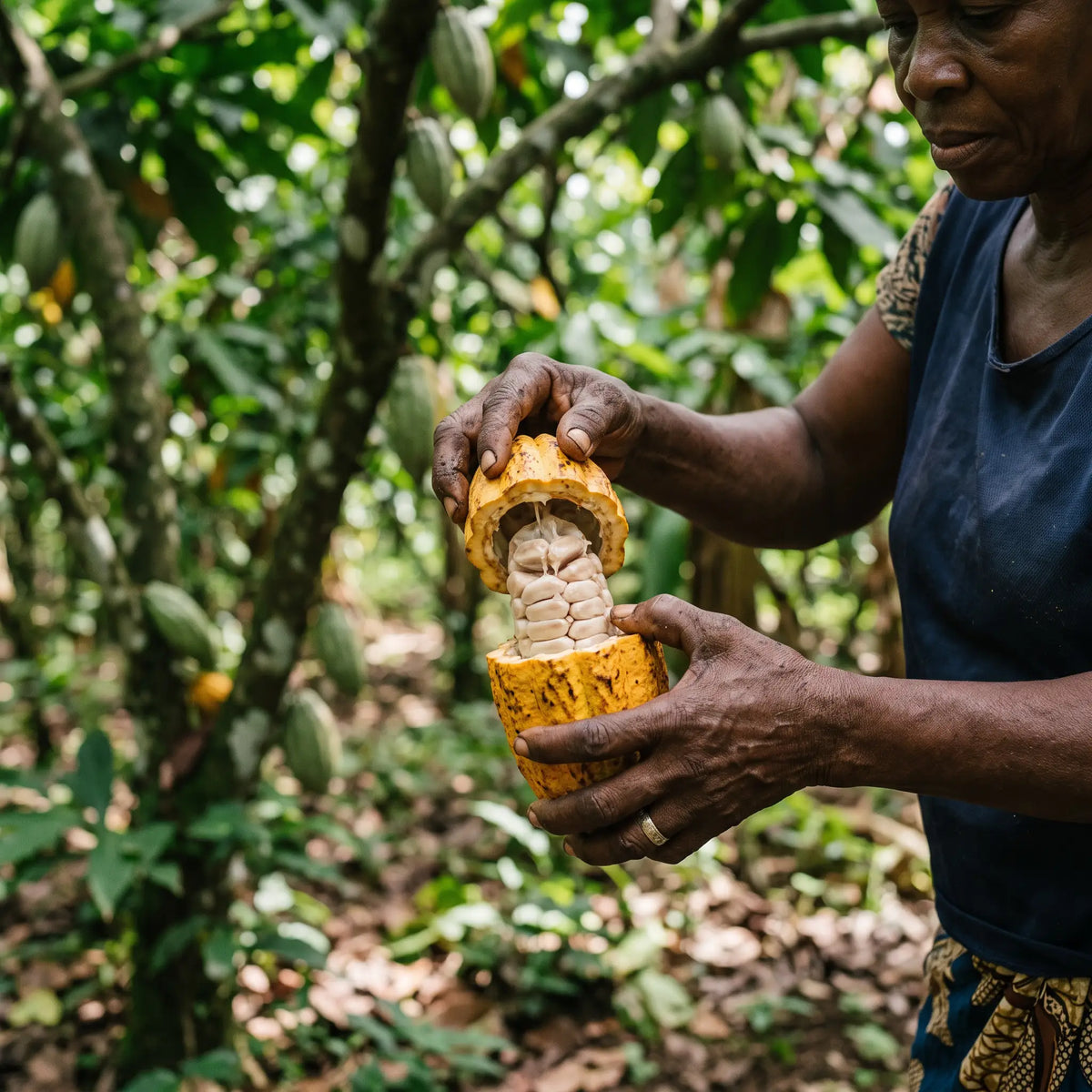 A farmer opening a ripe cacao pod to show the pale seeds inside