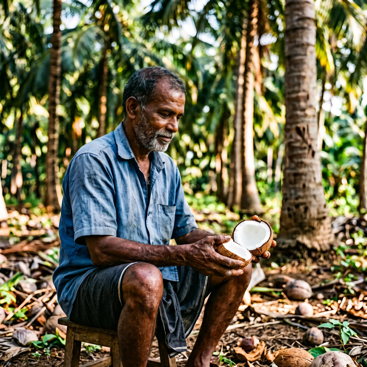 A farmer holding a freshly split coconut under coconut palms