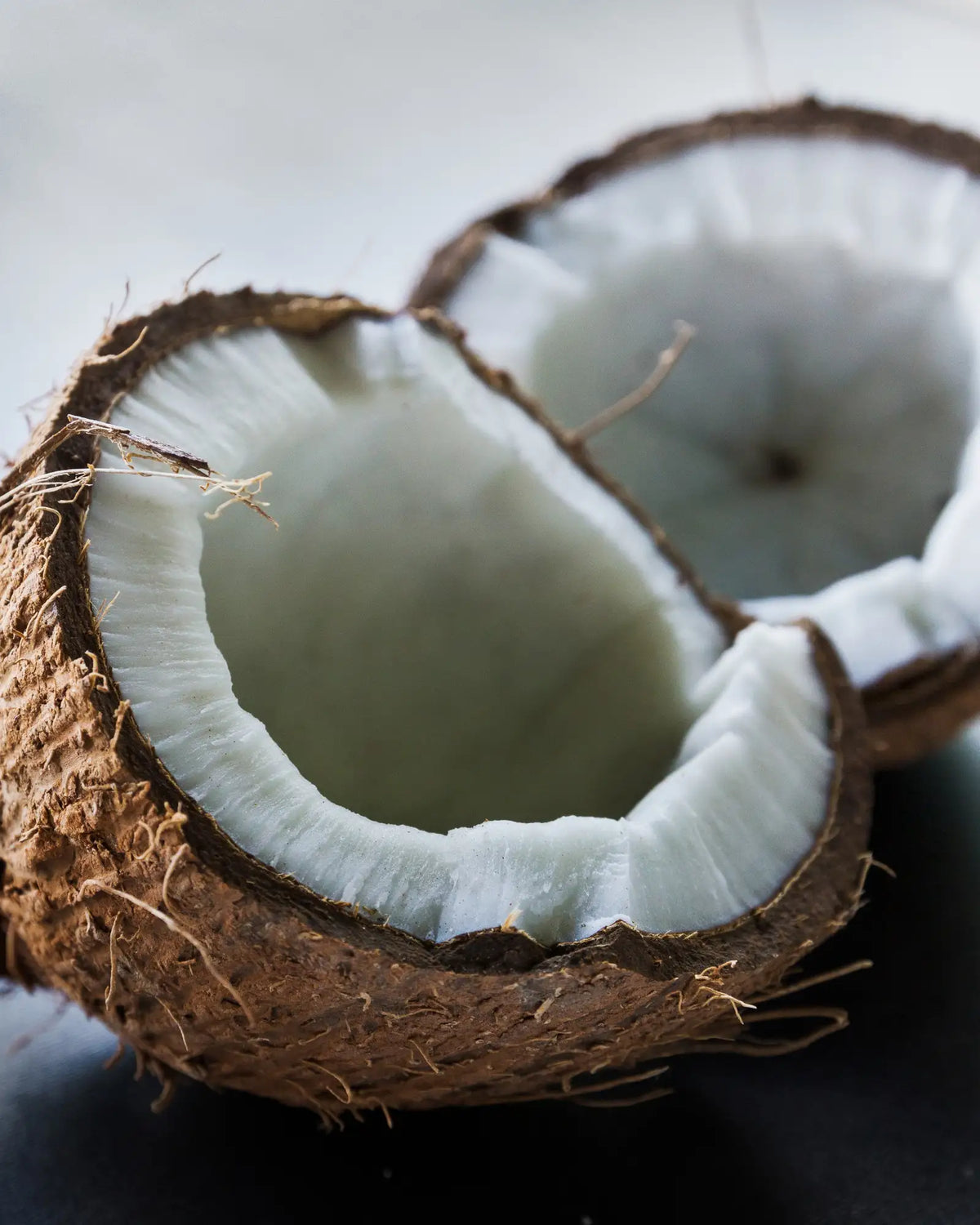 Close-up of a coconut split in half, showing its white flesh