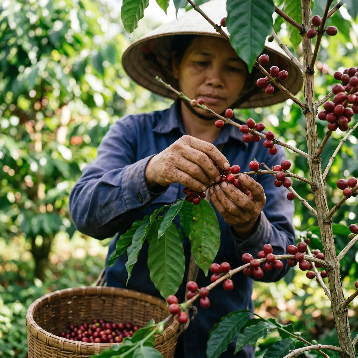 A farmer picking ripe red coffee cherries into a woven basket