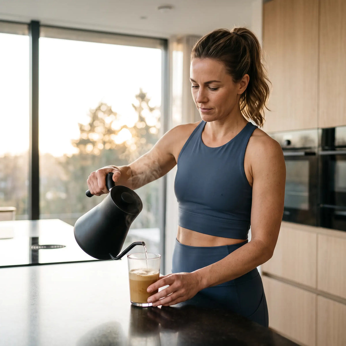 A woman in training wear pouring hot water into a glass of creamy coffee in a bright modern kitchen