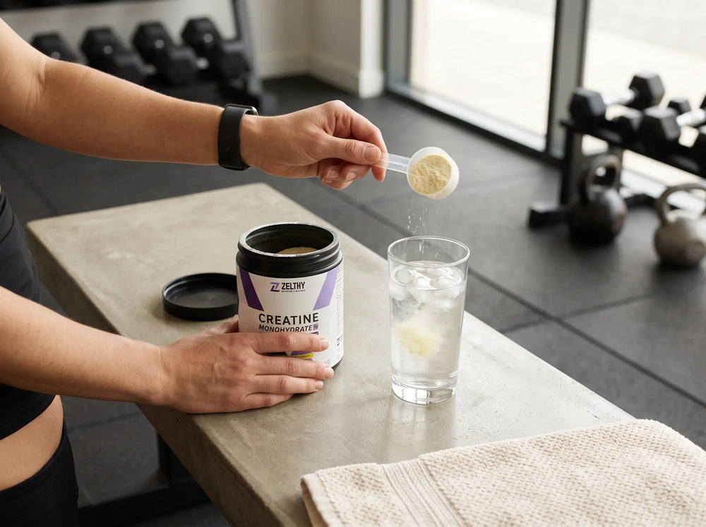 Scoop of pale-yellow Zelthy Creatine + Electrolytes powder tipped from the tub into a glass of iced water on a gym bench