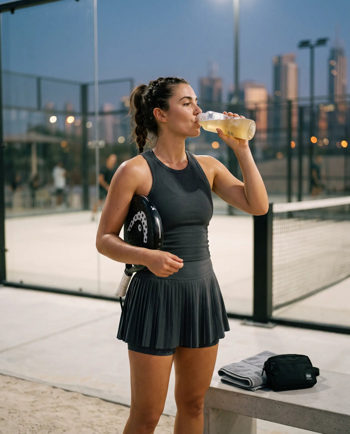 Woman on an outdoor padel court in Dubai drinking pineapple Zelthy Creatine + Electrolytes from a bottle during a break between games