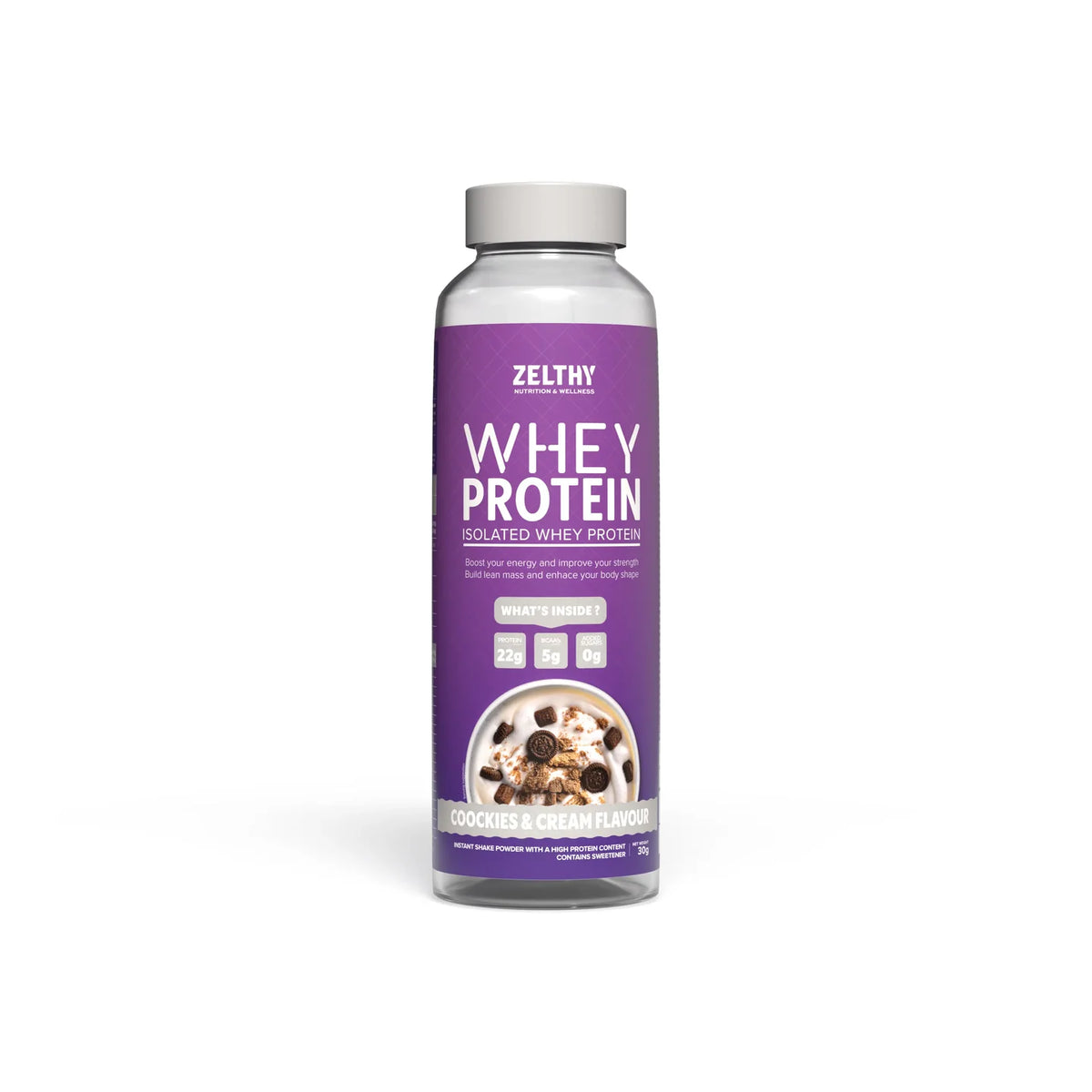 Zelthy Whey Protein Isolate single-serve bottle, cookies & cream