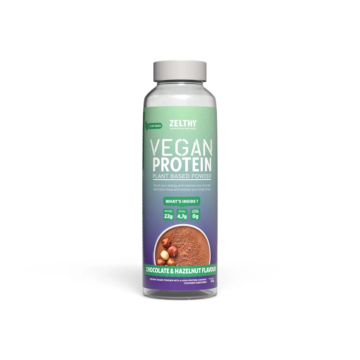 Zelthy Vegan Protein single-serve bottle, chocolate & hazelnut