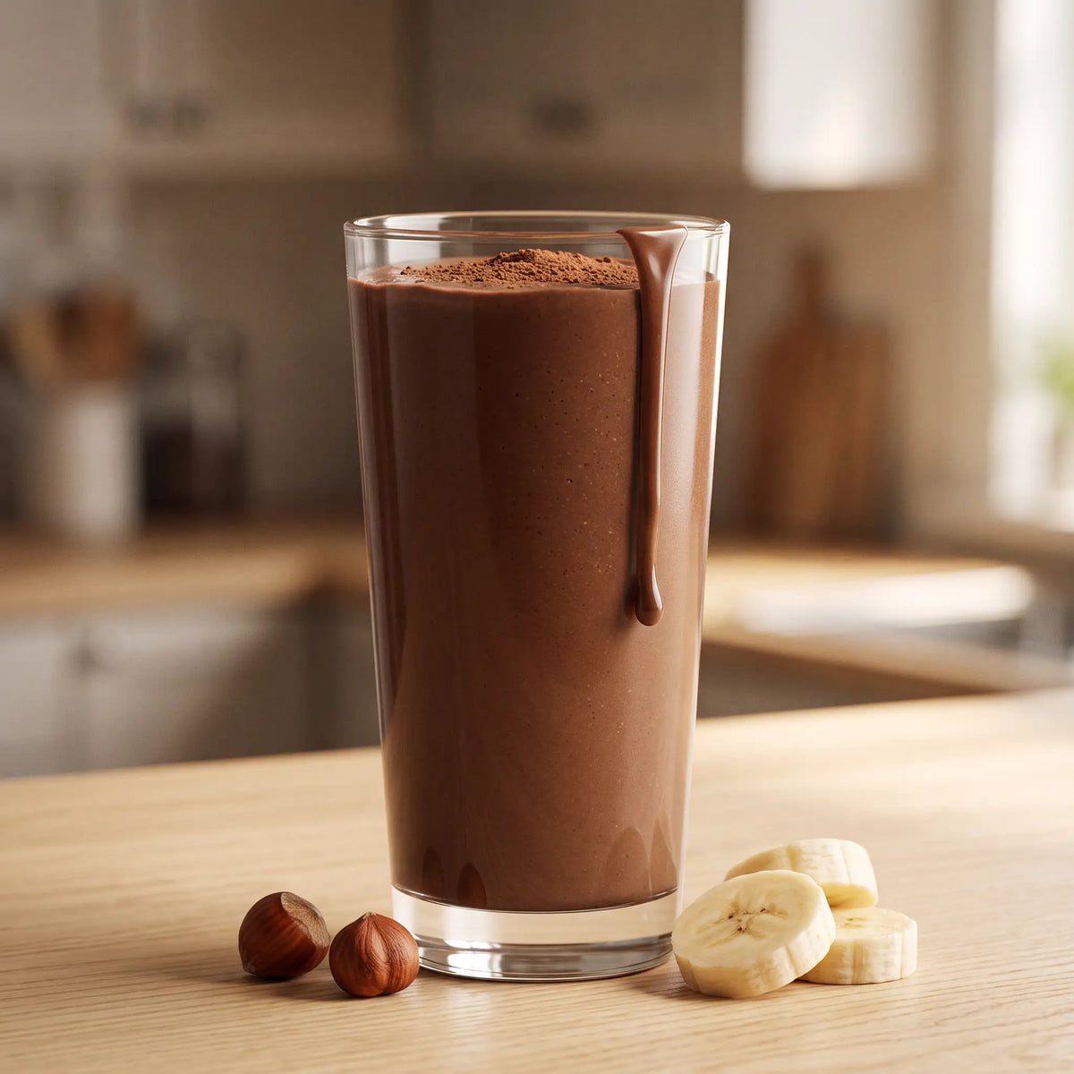 A thick chocolate protein shake in a tall glass, with hazelnuts and banana slices on a wooden counter