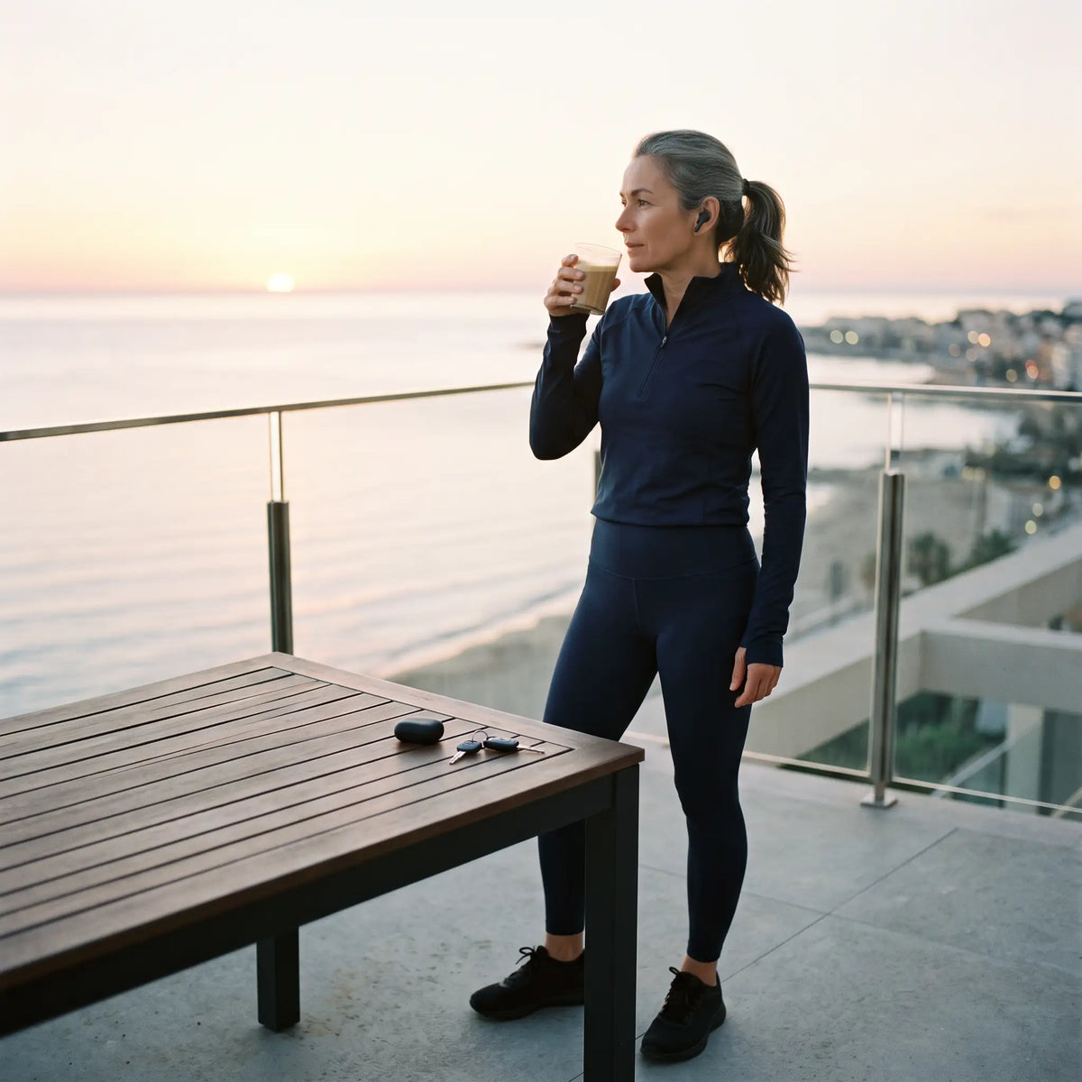 A woman in running gear drinking a creamy coffee on a seaside terrace at sunrise, keys and earbuds on the table