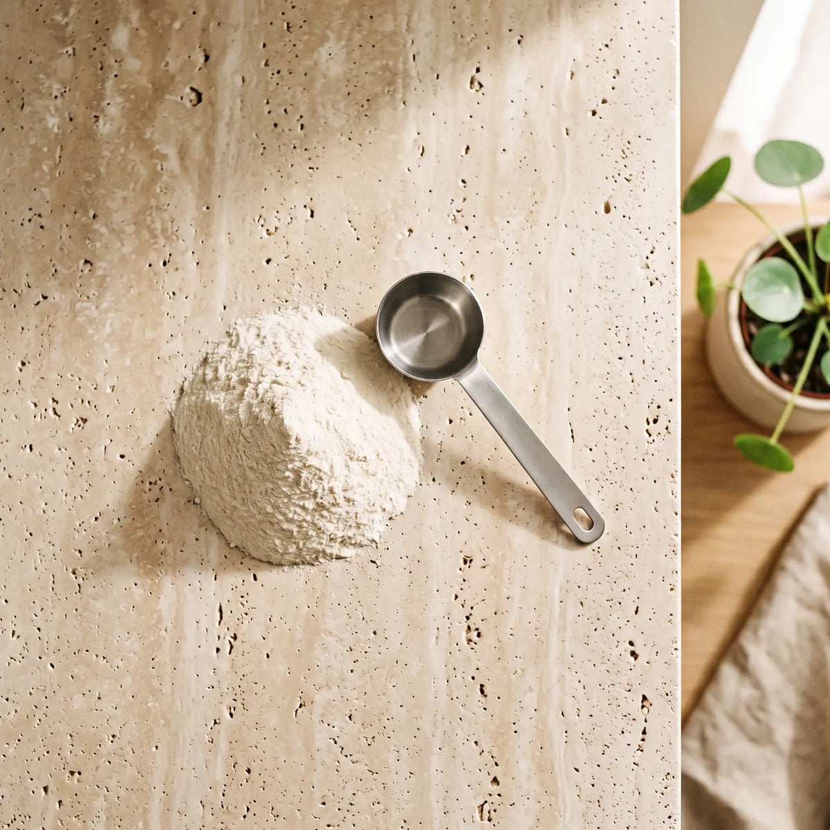 A measured mound of unflavoured supplement powder beside a stainless steel scoop, seen from above on a travertine surface