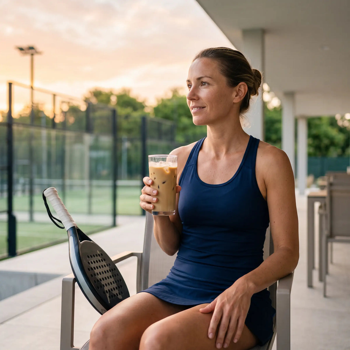A woman at a padel club before her match, holding an iced creamy coffee with her racket beside her