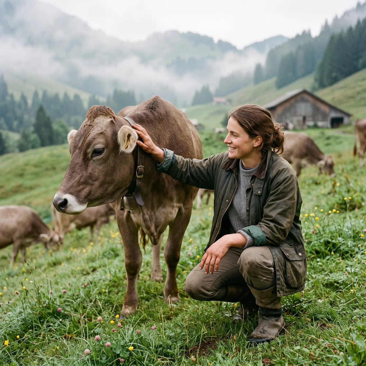A dairy farmer with a brown cow in a green mountain pasture