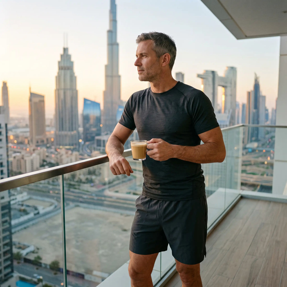 A man in training clothes holding a glass mug of creamy coffee on a Dubai balcony at sunrise, before his morning session