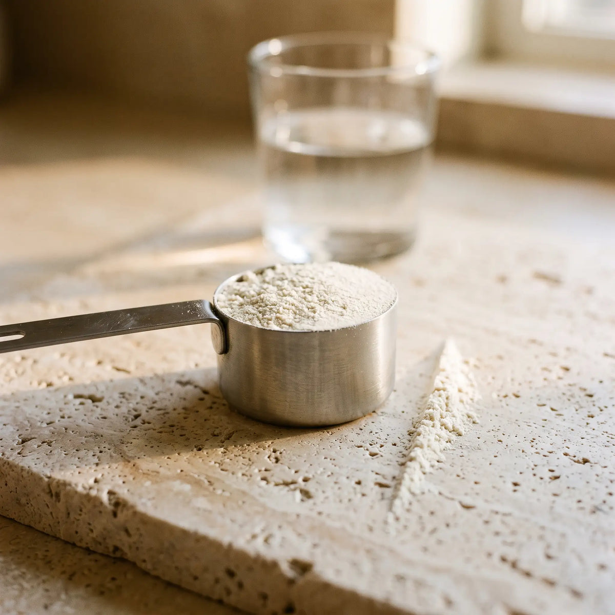 A stainless steel scoop filled with supplement powder on a travertine counter, with a glass of water behind it