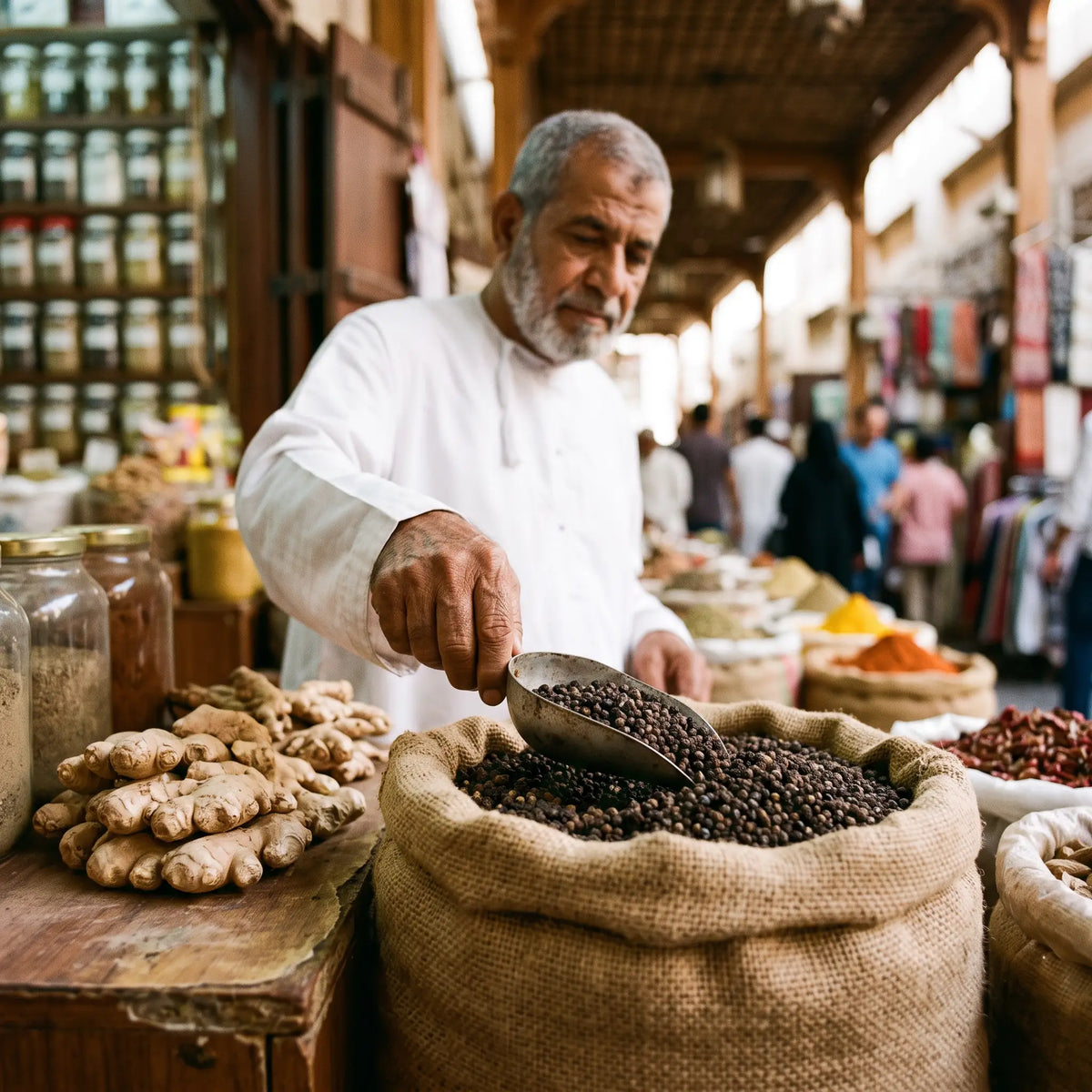 A spice merchant scooping black peppercorns beside fresh ginger roots in a spice souk
