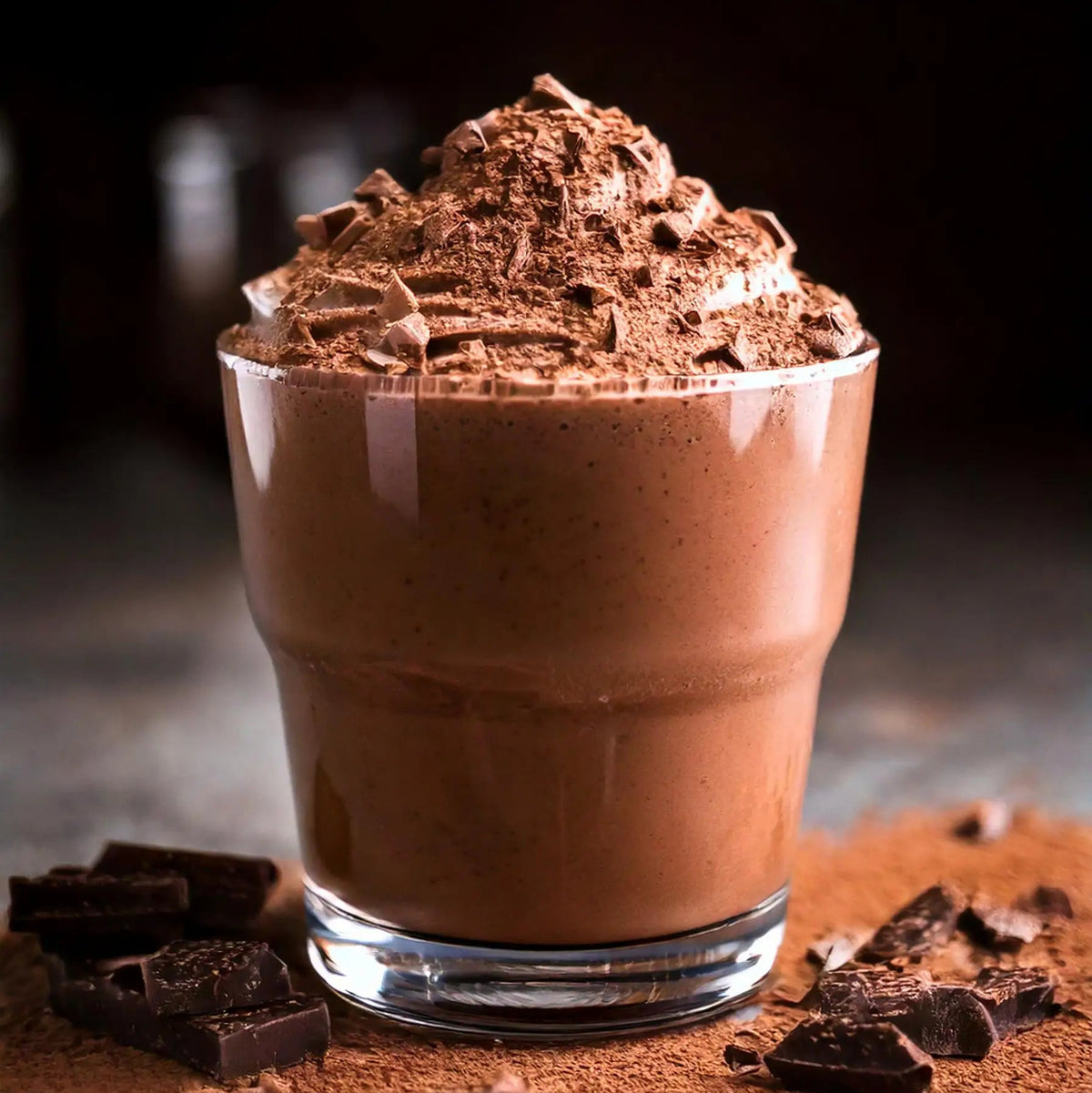 A glass of thick chocolate protein shake with cocoa and chocolate pieces