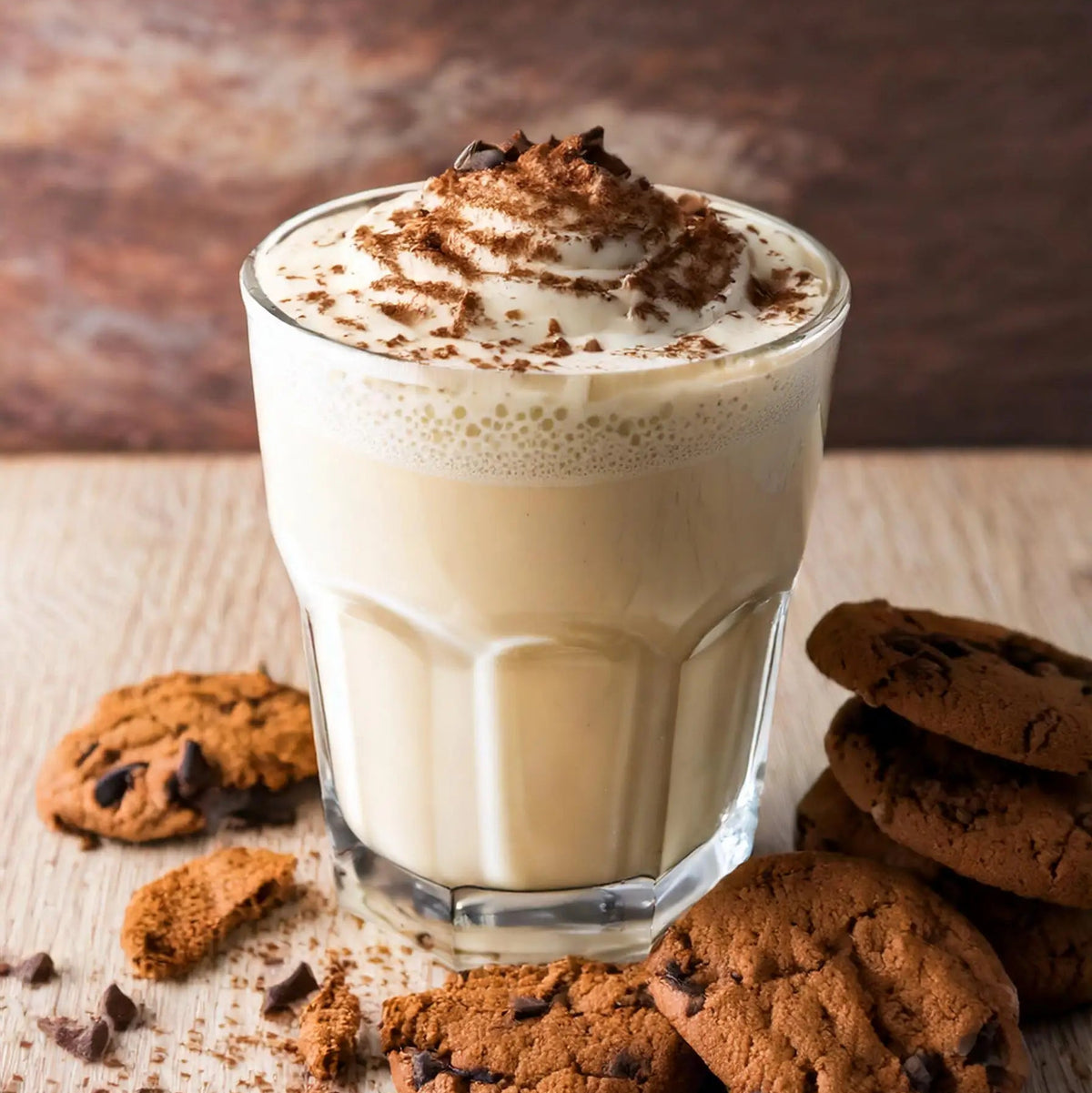 A glass of cookies and cream protein shake with cocoa biscuits