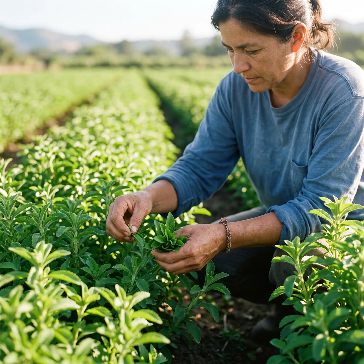 A farmer picking fresh stevia leaves in a green field