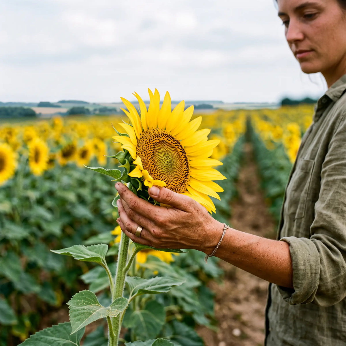 A hand holding a sunflower in a sunflower field