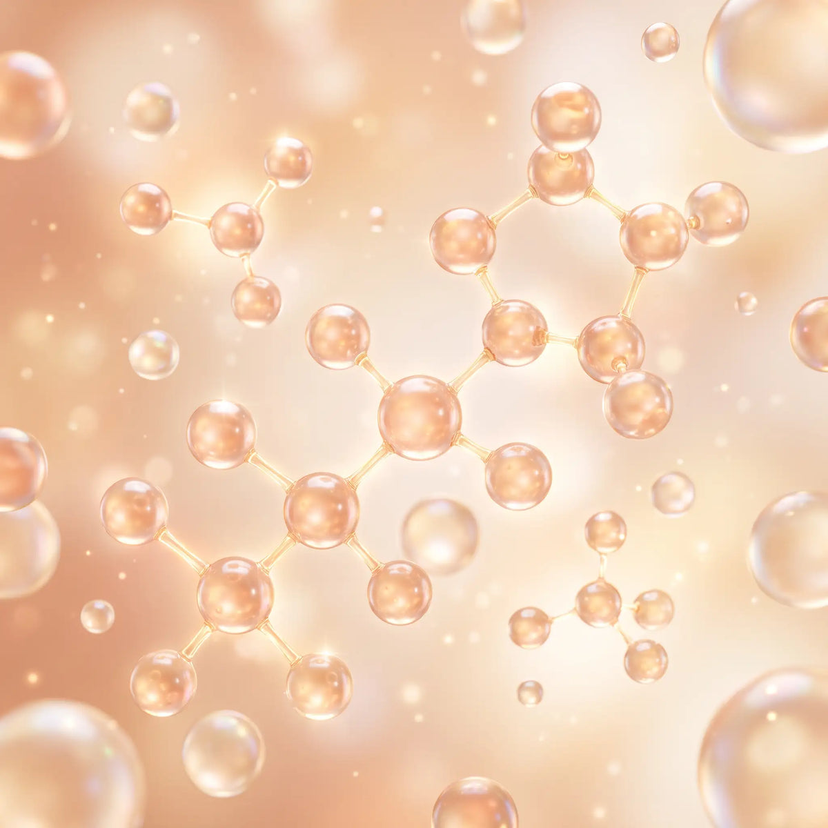 Illustration of translucent peach-coloured molecules floating on a warm background