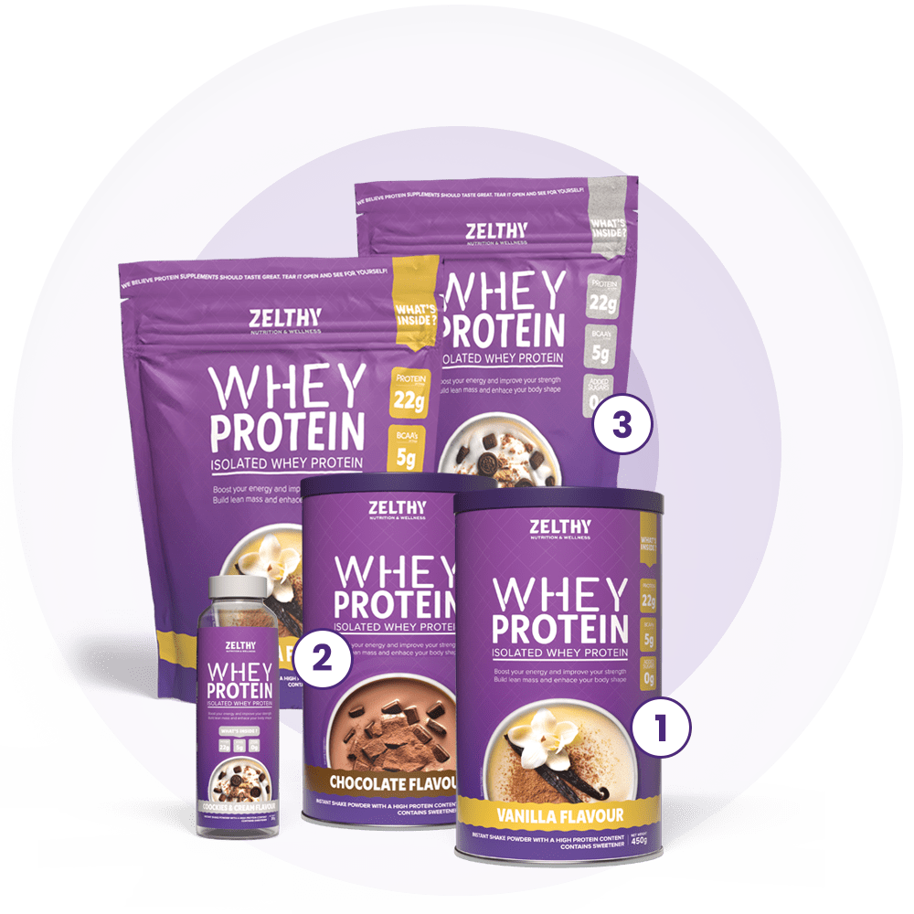 Zelthy Whey Protein Isolate range: single-serve bottle, 450 g tub and 900 g pouch