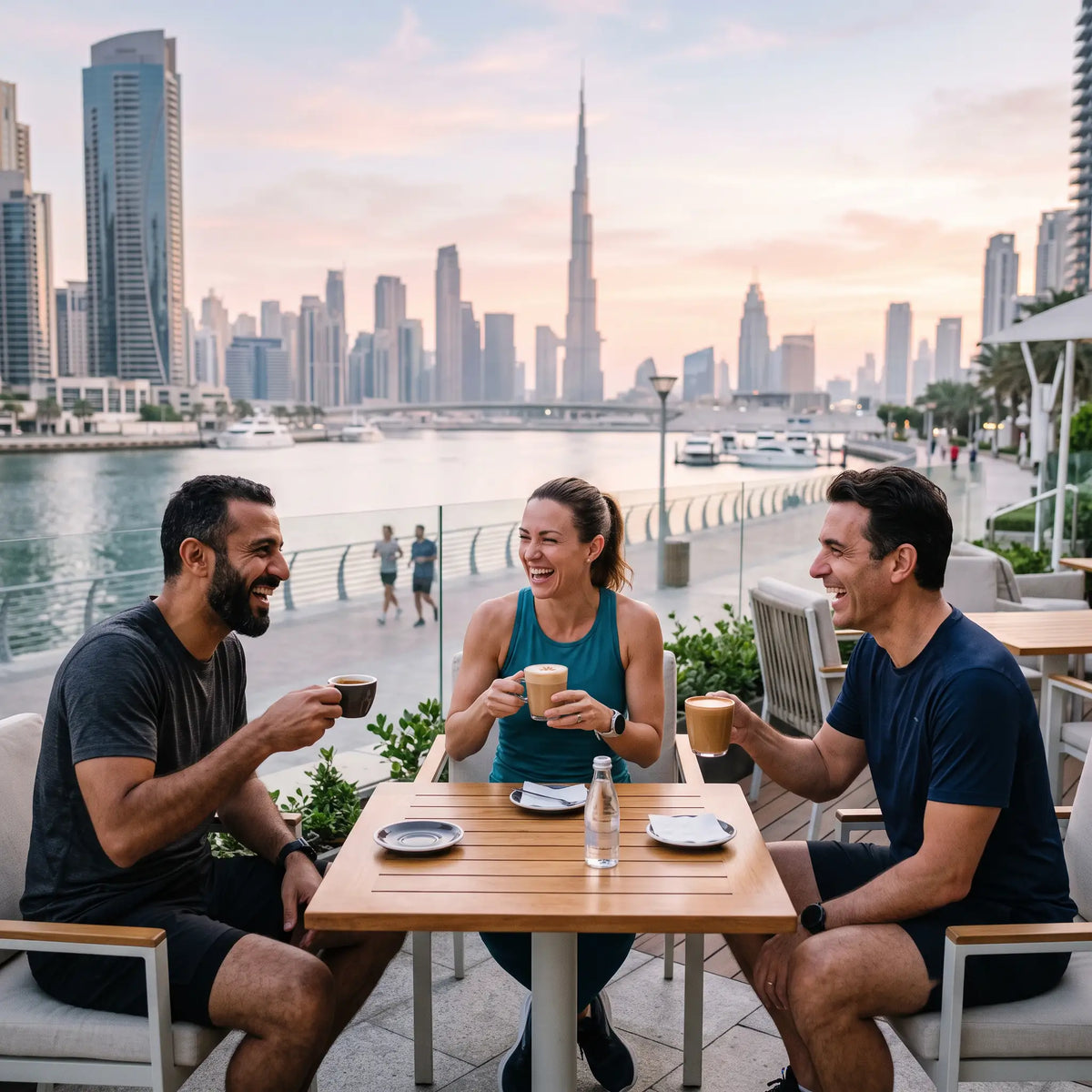 Three friends in activewear laughing over coffee on a waterfront terrace in Dubai at dawn