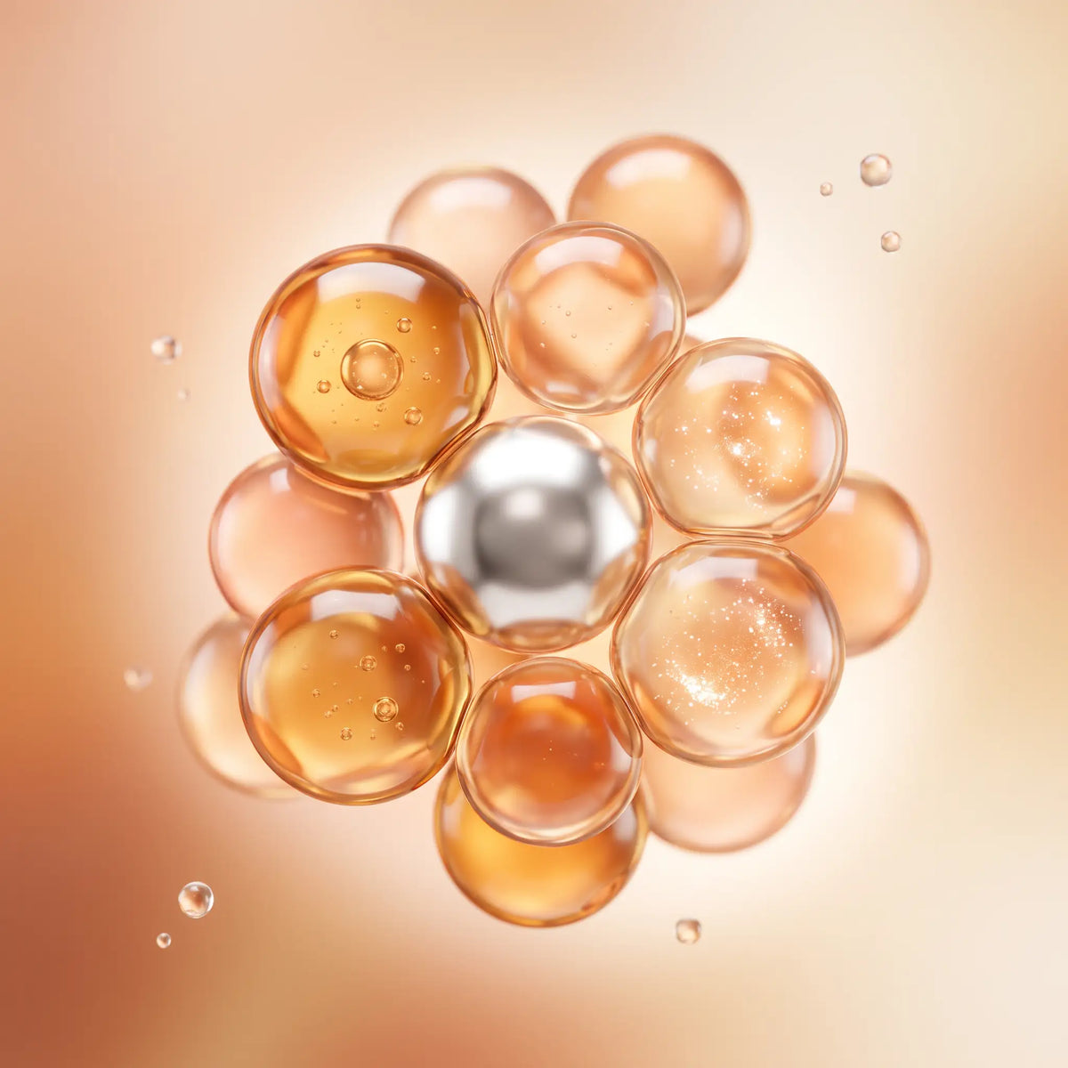 Illustration of amber and peach spheres clustered around a single silver sphere