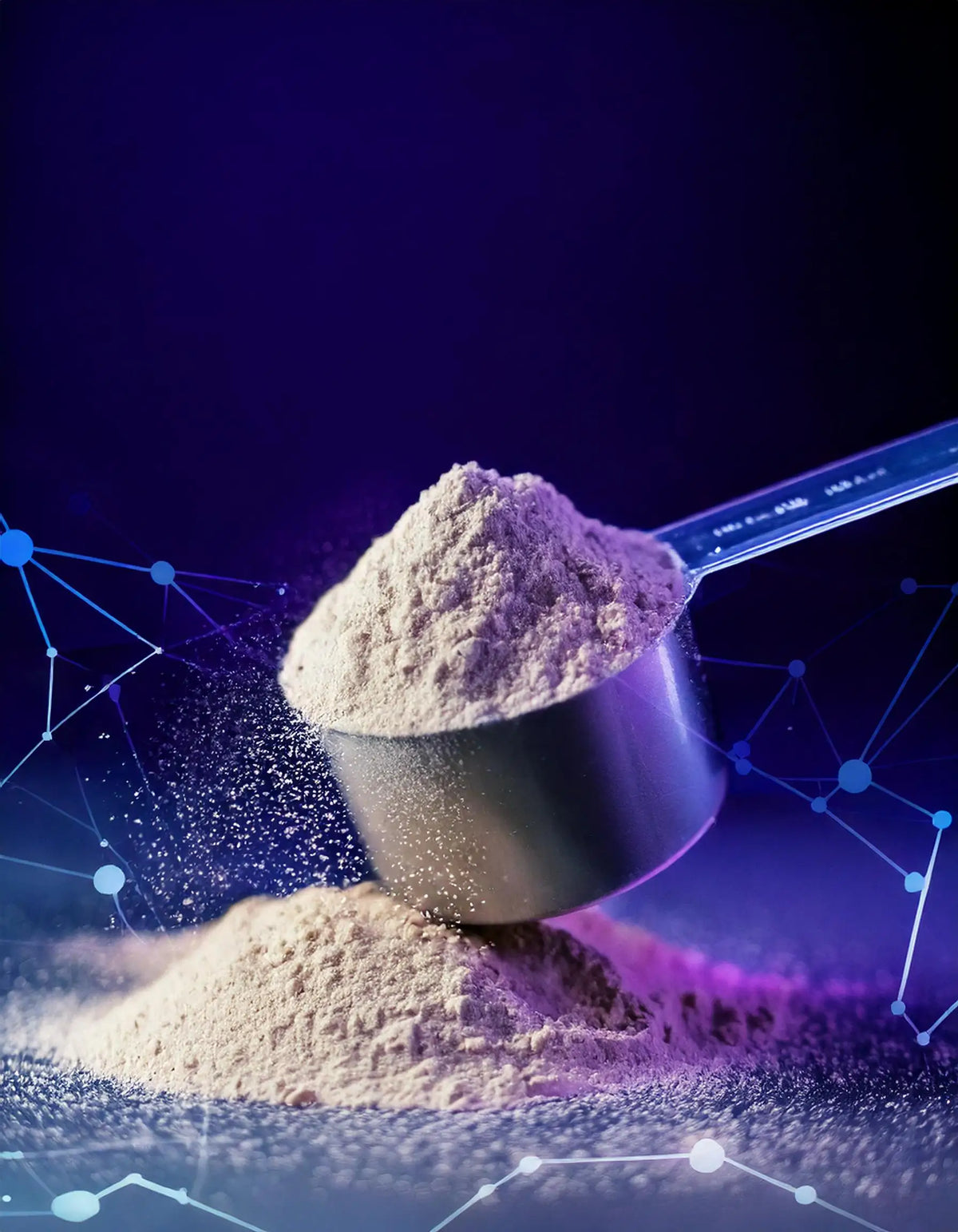 A scoop of fine whey protein powder over a small pile of powder
