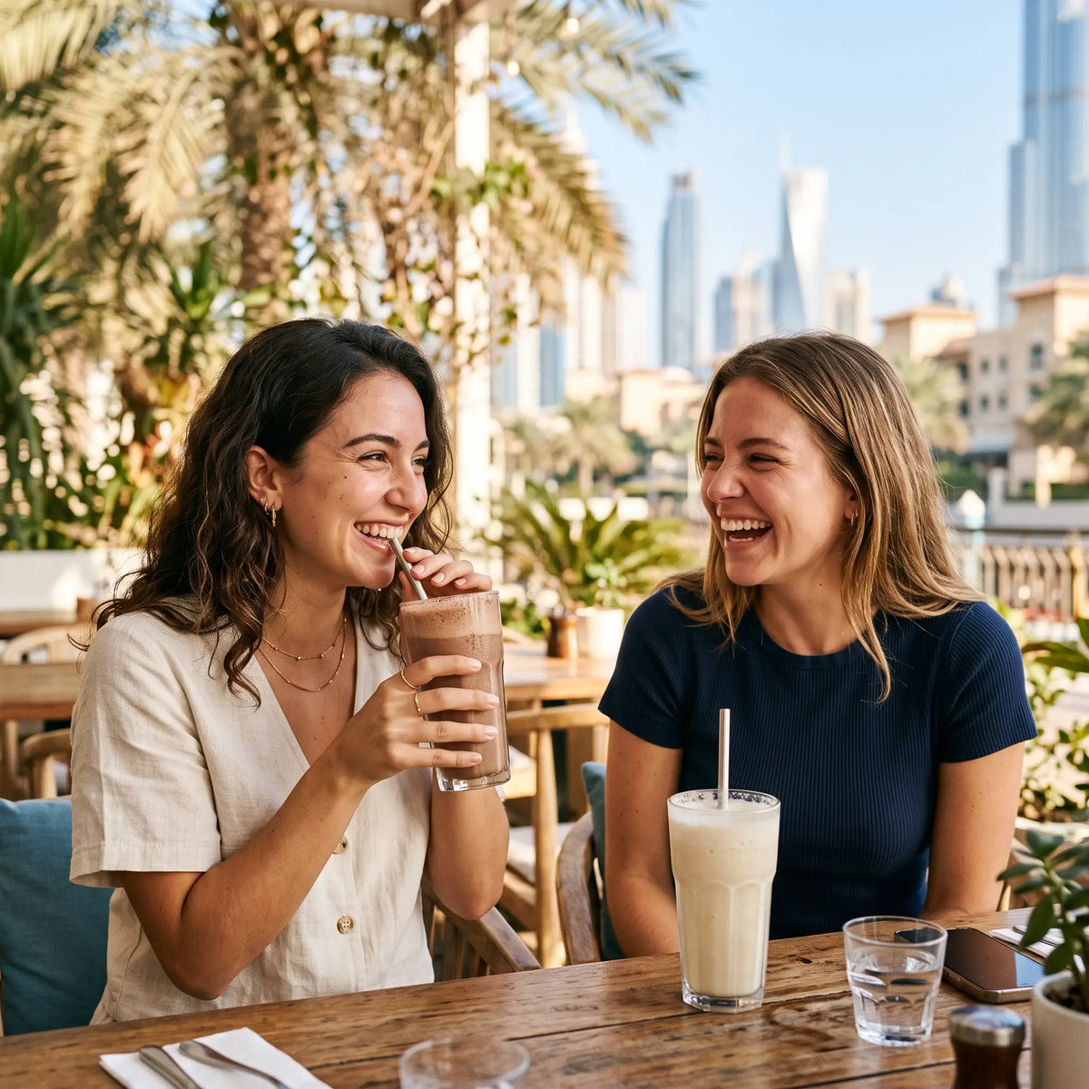 Two friends laughing at a café terrace in Dubai, one drinking a chocolate protein shake, a vanilla shake on the table