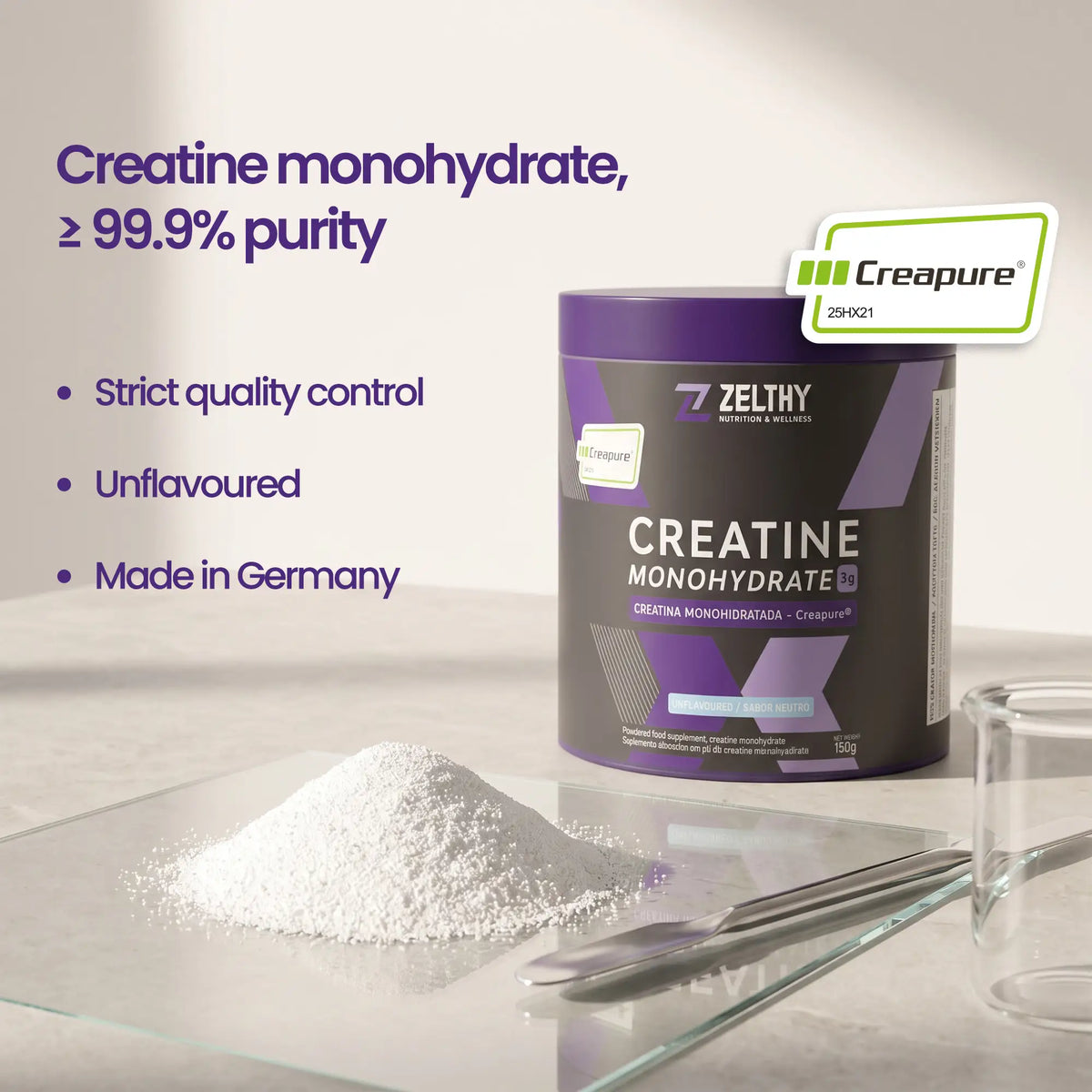 Zelthy Creapure® creatine monohydrate, 99.9% purity, made in Germany