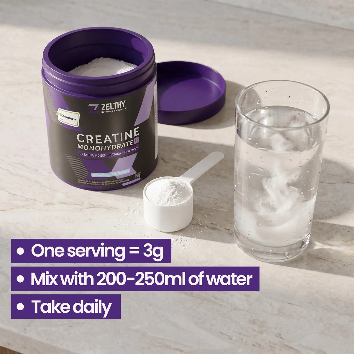 How to take Zelthy Creapure® creatine: one 3 g scoop mixed in a glass of water