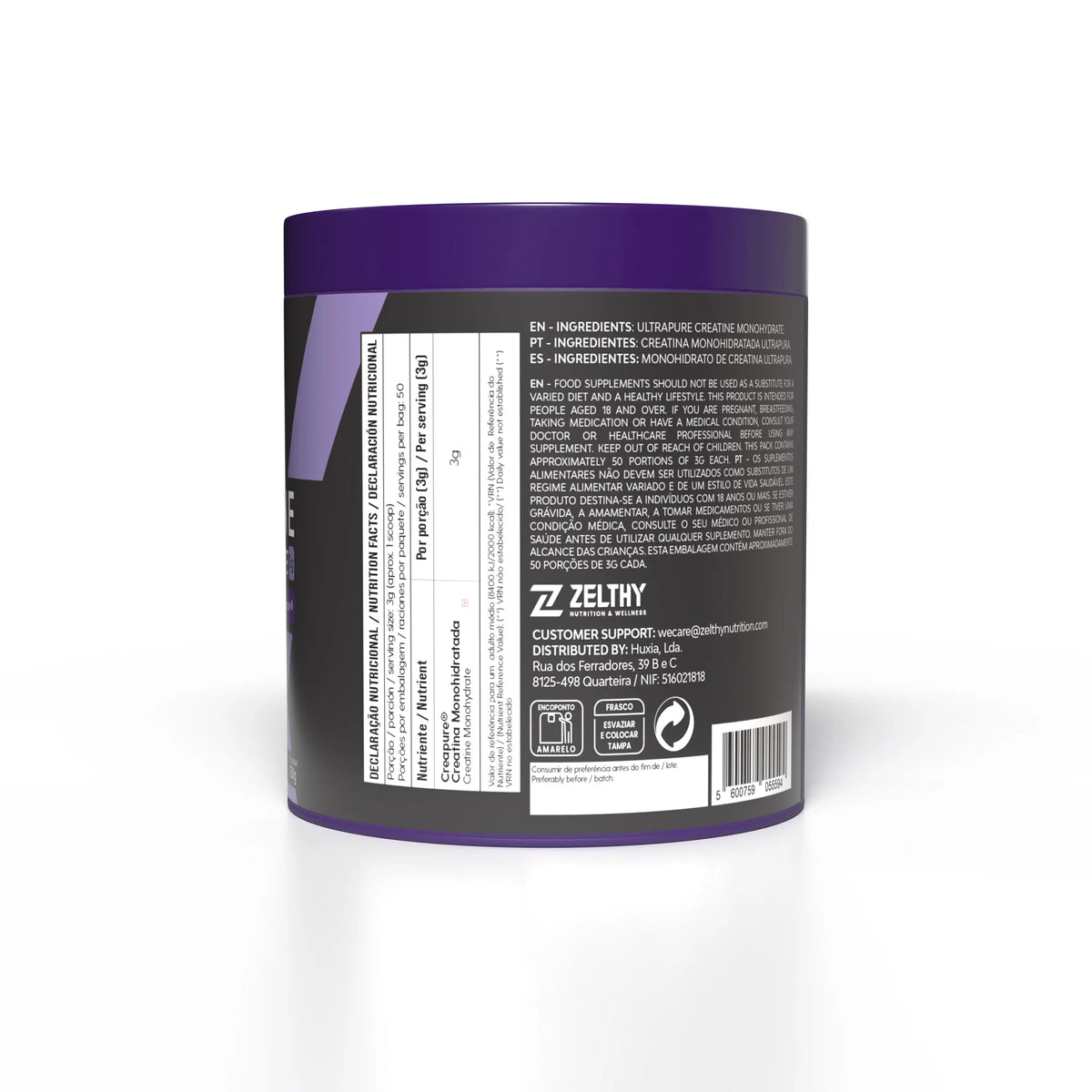 Zelthy Creapure® creatine nutrition facts, 3 g per serving