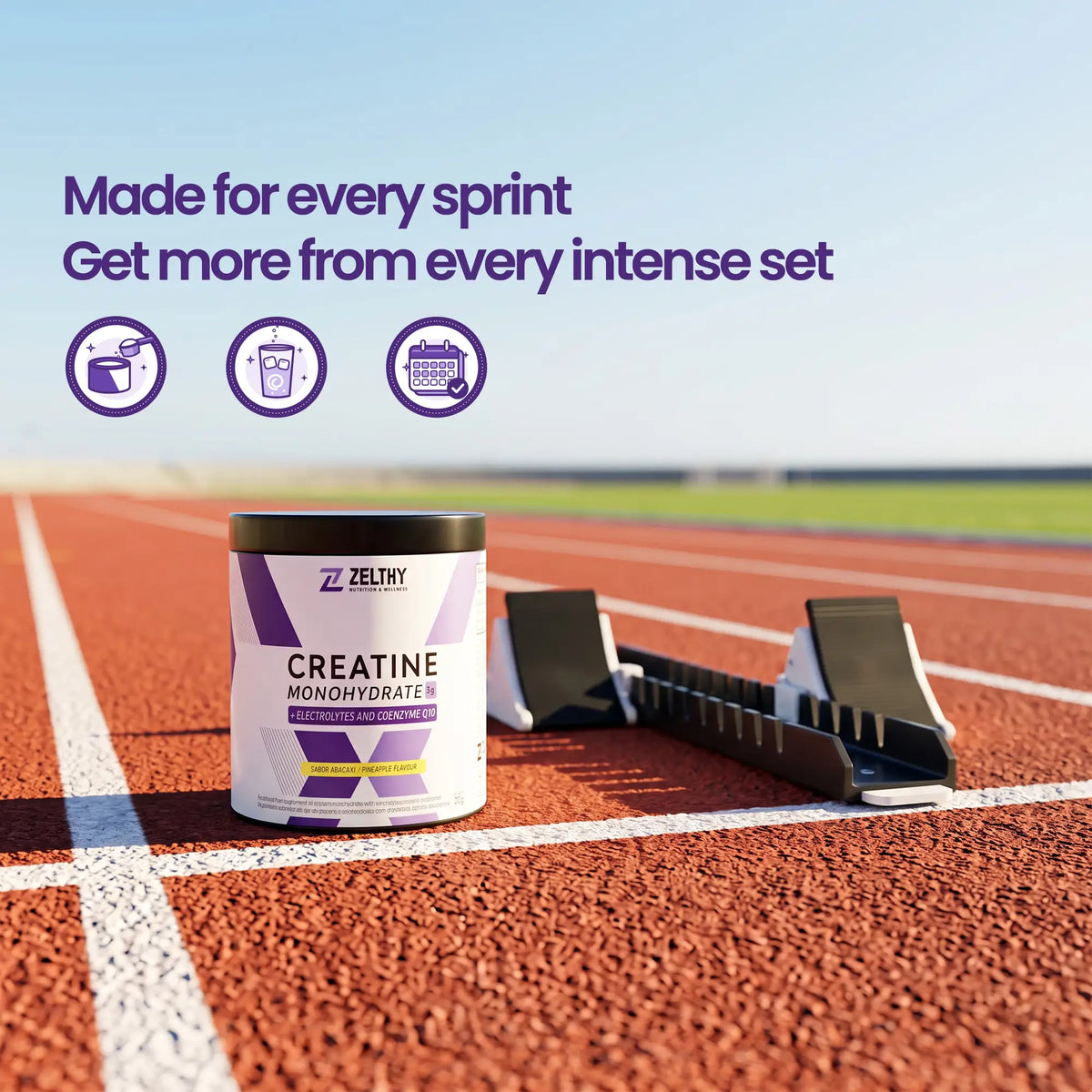 Zelthy creatine with electrolytes and CoQ10 on a running track, for high-intensity exercise performance with 3 g creatine daily
