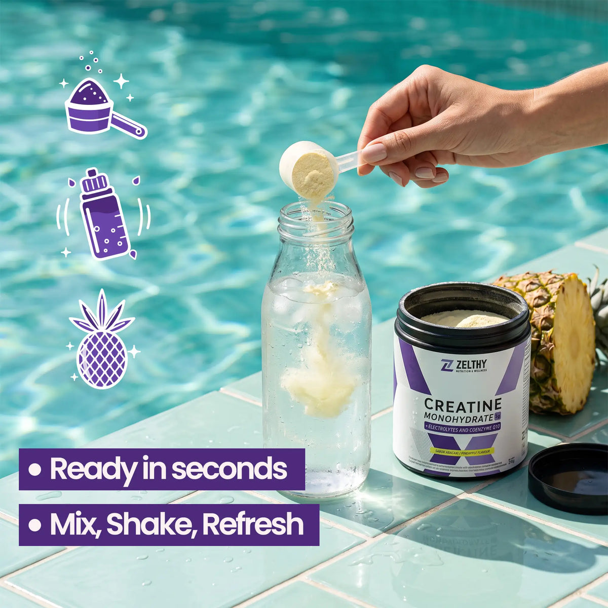 How to mix Zelthy creatine with electrolytes and CoQ10, pineapple flavour, with iced water by the pool
