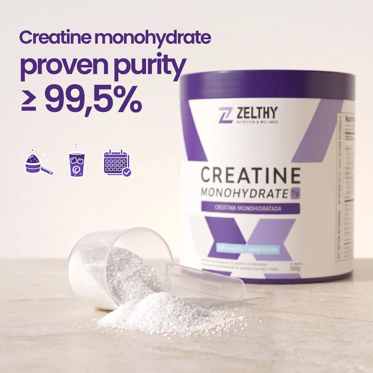 Zelthy creatine monohydrate, purity of 99.5% or higher, unflavoured