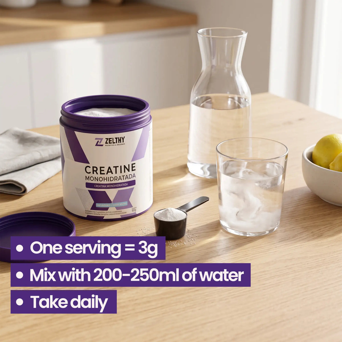 How to take Zelthy creatine monohydrate: one 3 g scoop mixed in a glass of water