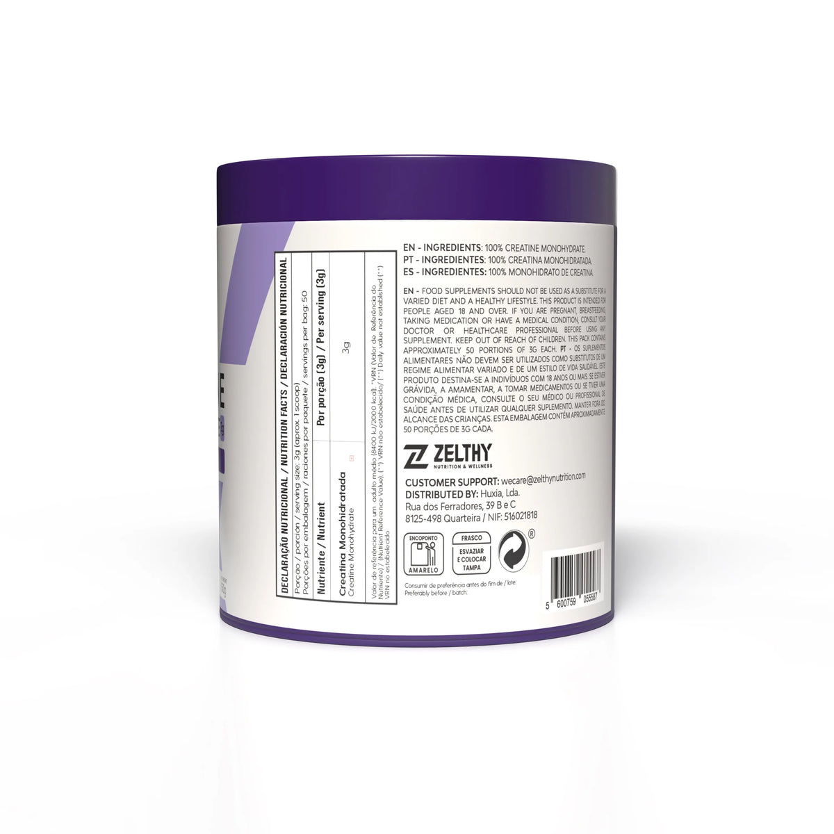 Zelthy creatine monohydrate nutrition facts, 3 g per serving